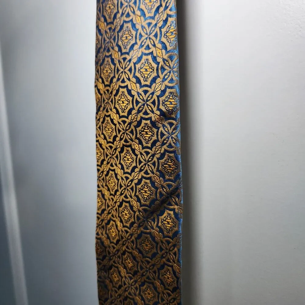 Nino Orsini Designer Silk Tie Blue Gold Plaid Geometric Vintage 50s Mid Century